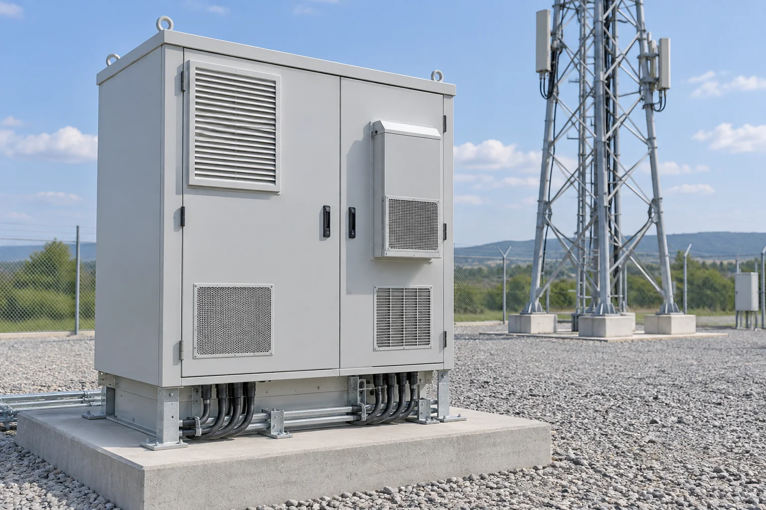 Outdoor base station equipment enclosure near a telecom tower