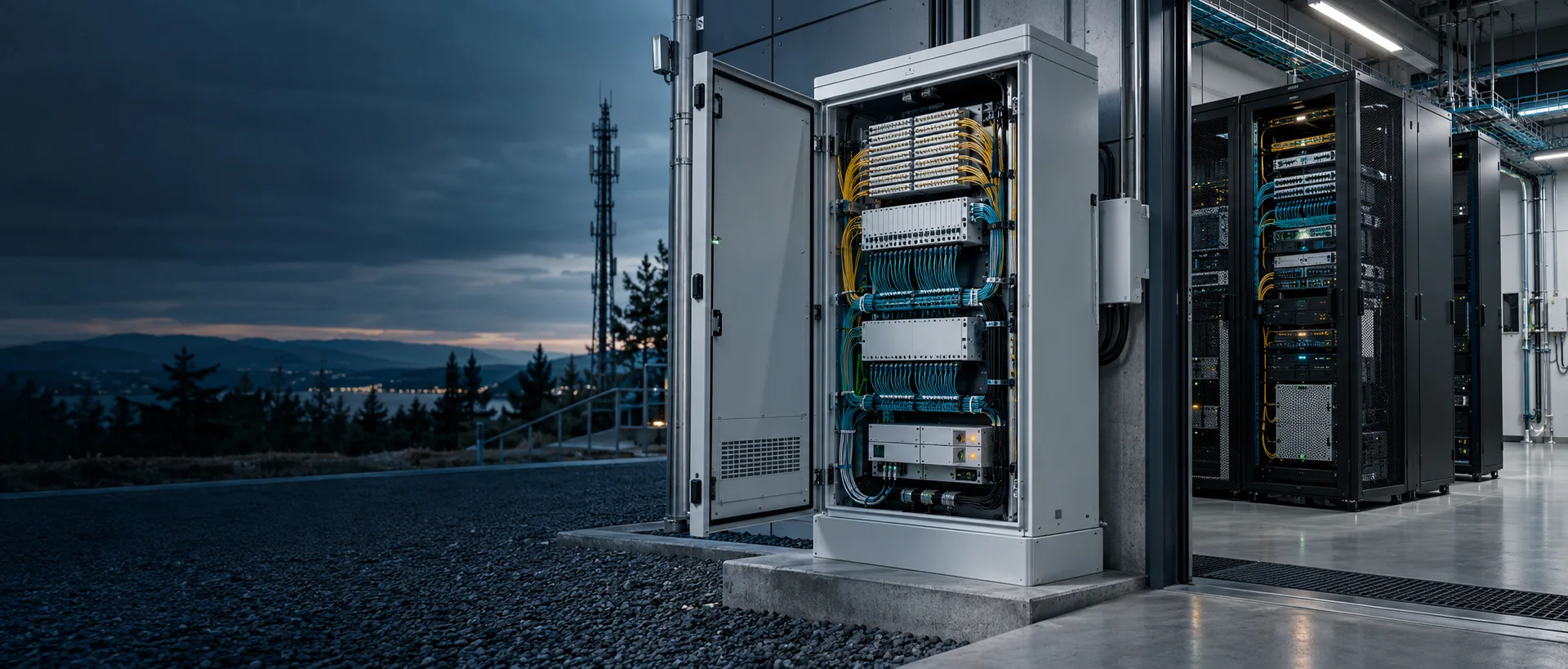 Outdoor telecom cabinet beside communication equipment room
