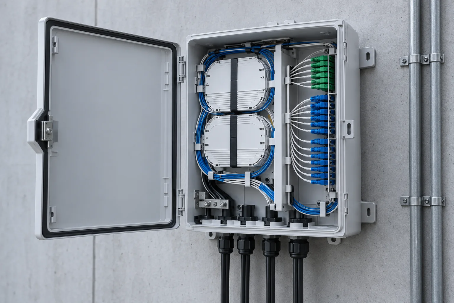 Open fiber distribution box with splice trays and adapters