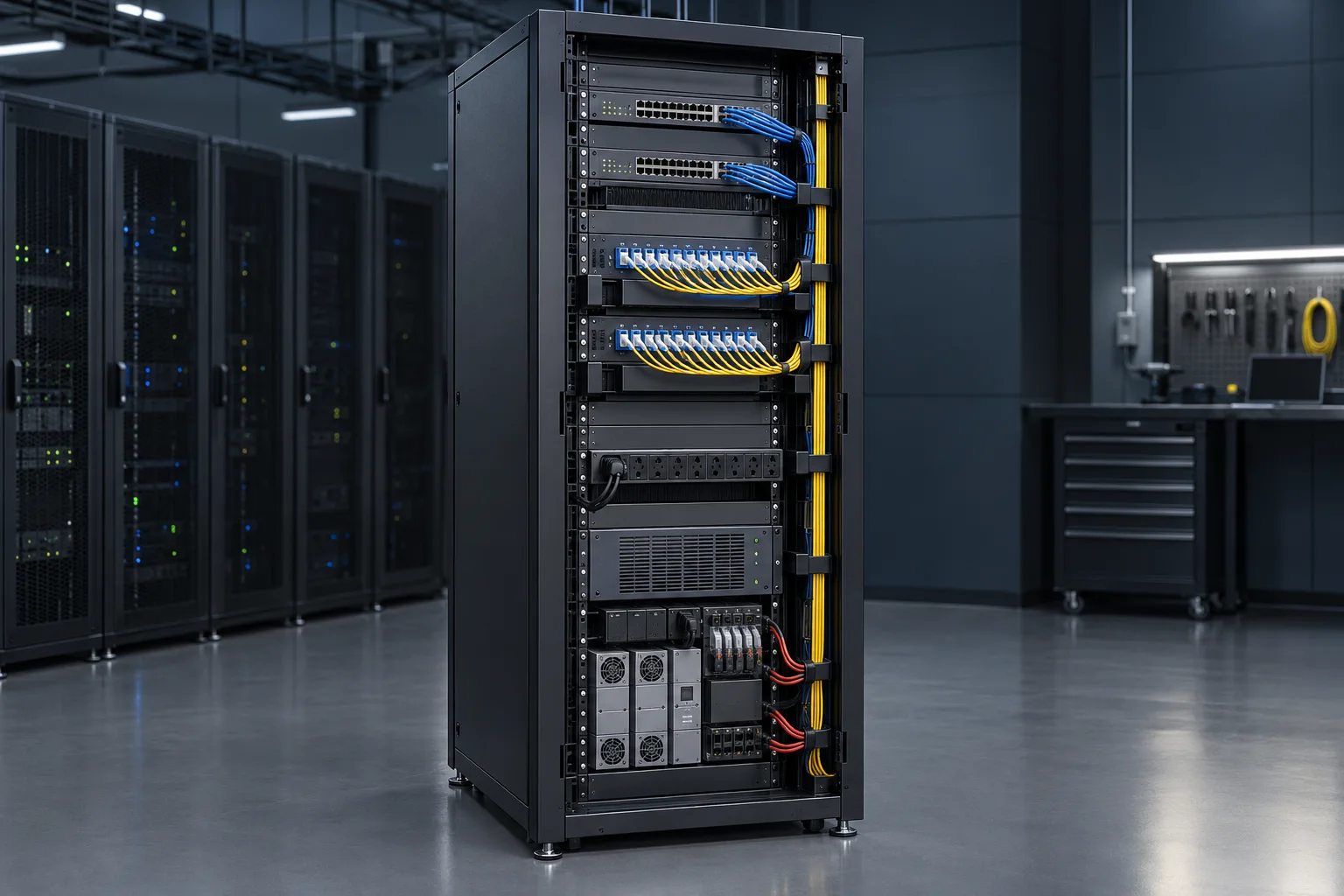 Integrated communications rack prepared for an interface review